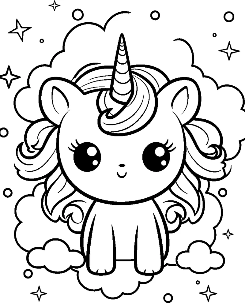A smiling unicorn with a long wavy mane sits in front of clouds and stars.