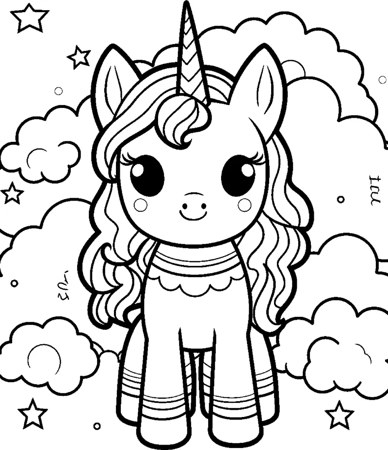 A standing unicorn with a long mane and striped legs stands among clouds and stars.