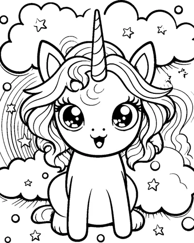 A unicorn with an open mouth and curly mane sits on clouds with a rainbow and stars behind it.