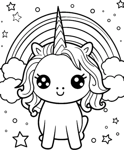 A small baby unicorn stands under a large rainbow arch with clouds and stars around it.