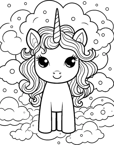 A standing unicorn with long curls stands on a bank of clouds with a cloudy sky above.