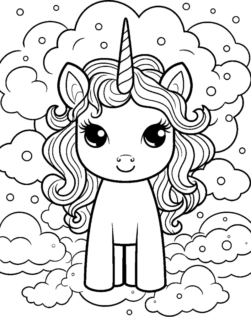 A standing unicorn with long curls stands on a bank of clouds with a cloudy sky above.