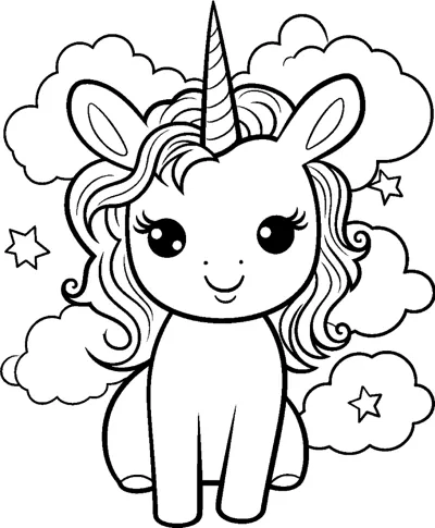 A standing unicorn with a wavy mane stands among soft clouds and a few stars.