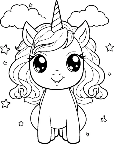 A smiling unicorn with a swept mane sits with clouds and stars floating around it.