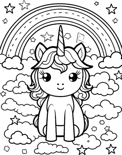 A sitting unicorn is surrounded by many puffy clouds with a rainbow arch above it.