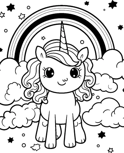 A standing unicorn stands on clouds under a striped rainbow with black and white stars around.