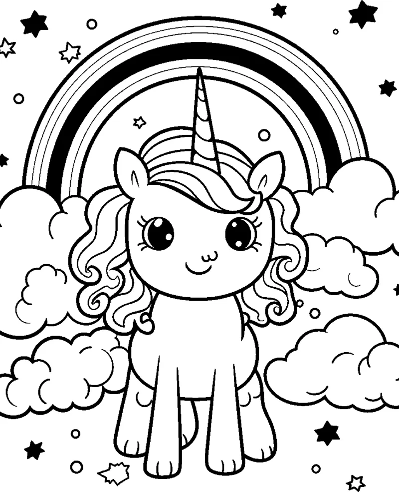 A standing unicorn stands on clouds under a striped rainbow with black and white stars around.