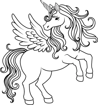 A winged unicorn rears up on its hind legs with a long flowing mane and tail.