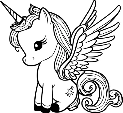 A cute winged unicorn with a long striped mane and curly tail stands with a small star nearby.