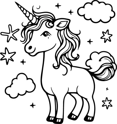 A unicorn with a wavy mane trots forward with clouds and stars around it.