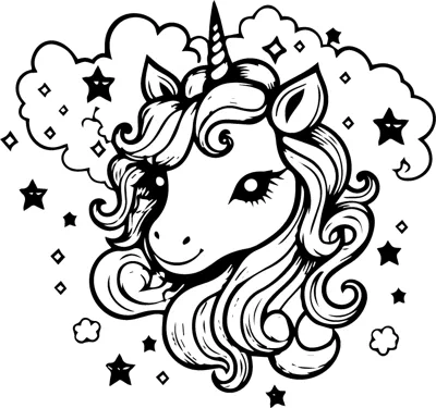 A unicorn head portrait with a thick swirling mane is surrounded by black stars and sparkles.