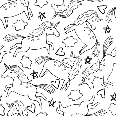 A repeating pattern of many small galloping unicorns with hearts and stars between them.