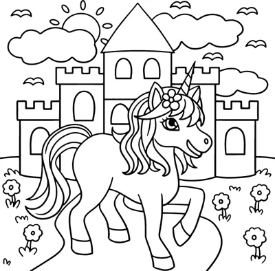 A unicorn with a flower in its mane prances in front of a castle with clouds above.