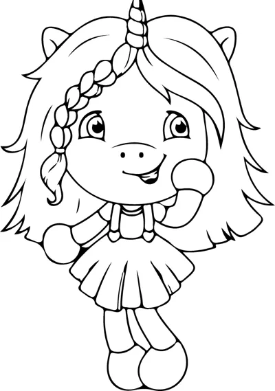 A cartoon girl with unicorn horn and ears, wearing a skirt and braided hair, waves one hand.