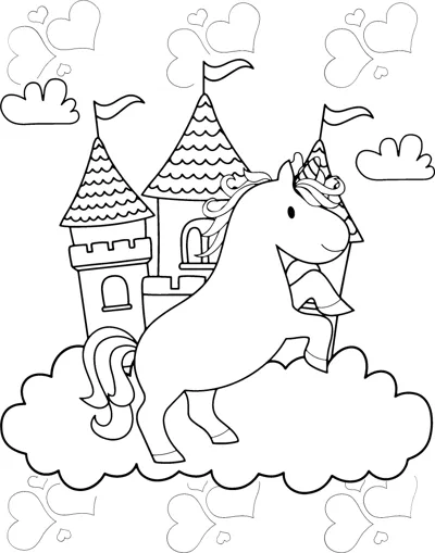 A unicorn stands on a cloud beside a castle with towers, with hearts in the corners.