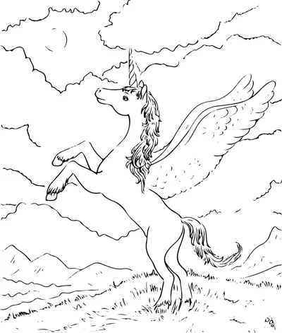 A winged unicorn rears up on a grassy hill with mountains and a cloudy sky behind it.