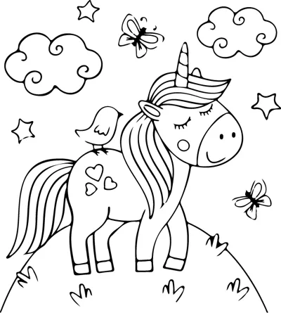 A sleepy-eyed unicorn with hearts on its side stands on a hill with a bird, butterflies and clouds.