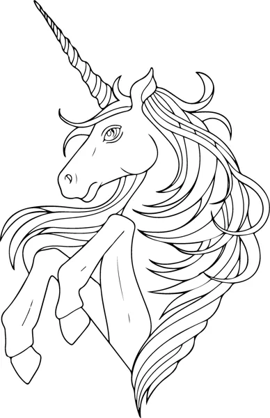 A unicorn rears up with a long flowing mane streaming behind it.
