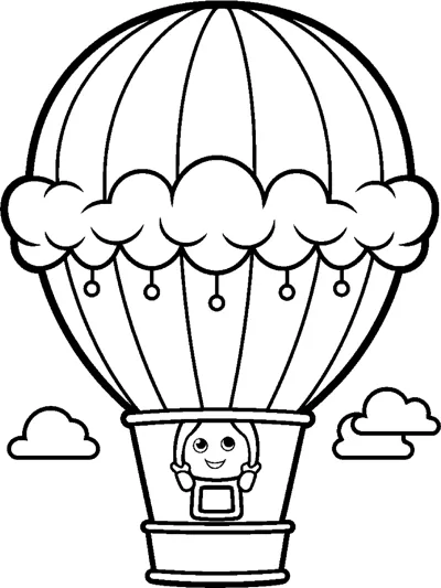 A big striped hot air balloon with a scalloped band carries a basket with a smiling face.