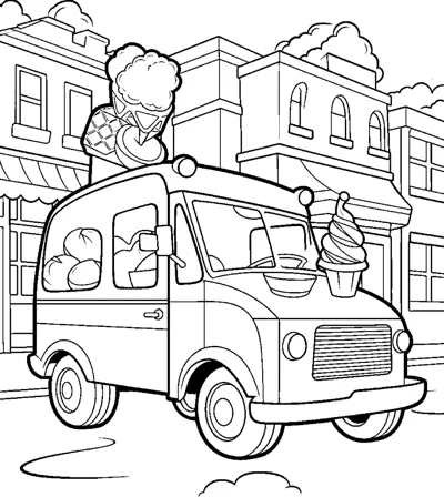 An ice cream truck with a cone on its roof drives down a street lined with buildings.