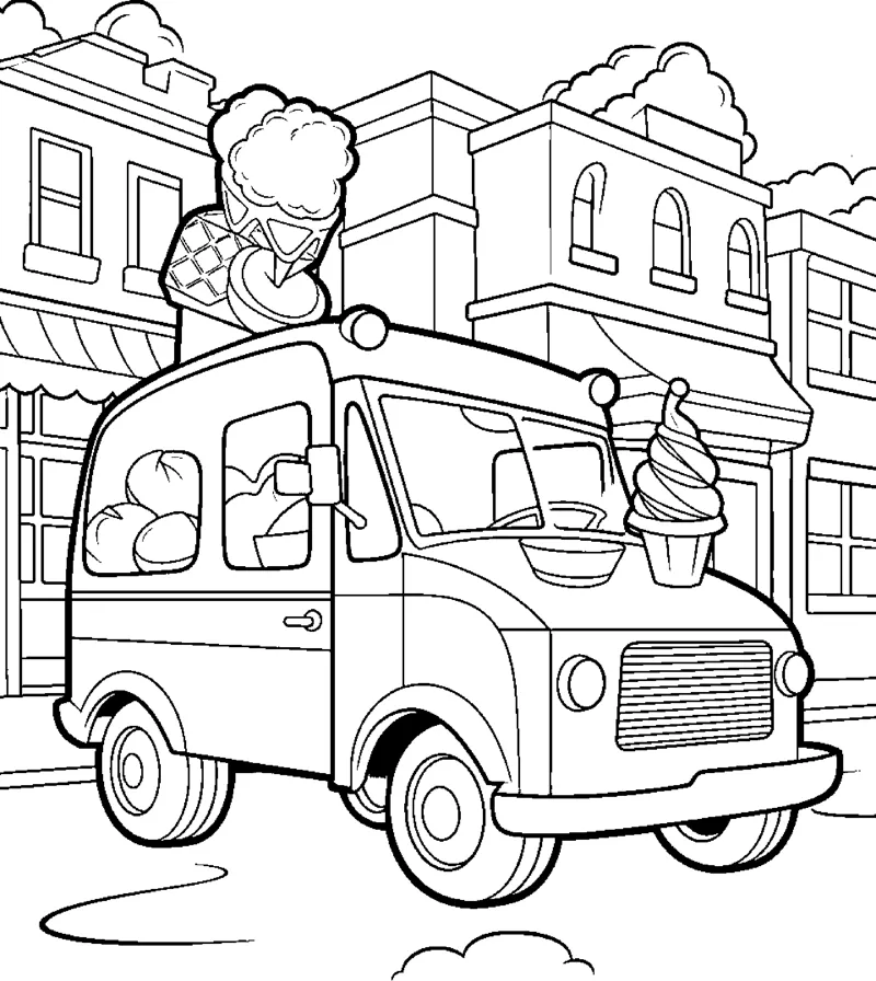 An ice cream truck with a cone on its roof drives down a street lined with buildings.