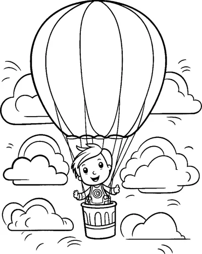 A boy waves from the basket of a striped hot air balloon floating among clouds.