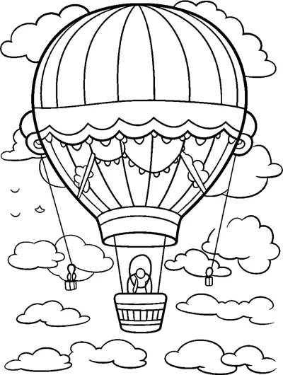 A striped hot air balloon with a scalloped skirt and ropes floats among many clouds.