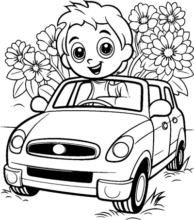 A smiling boy sits in a small rounded car with big flowers behind him.