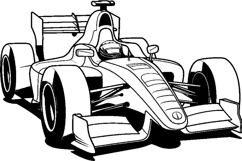 An open-wheel race car with a helmeted driver visible in the cockpit faces forward.