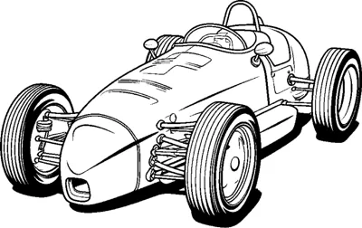 A vintage open-wheel race car with an exposed rear engine and roll bar is drawn at an angle.
