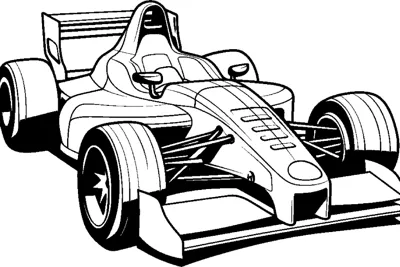 An open-wheel race car with dark shaded tires and a rear wing is drawn at a three-quarter angle.