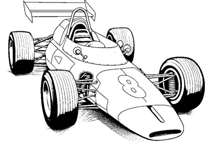 A retro open-wheel race car with the number eight on its side is drawn with shaded tires.
