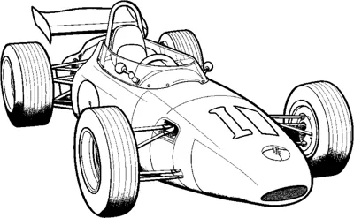 A vintage open-wheel race car with the number eleven on its nose is drawn in fine lines.
