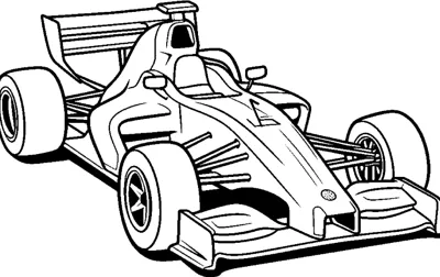 An open-wheel race car with a rear wing is drawn turning slightly toward the viewer.