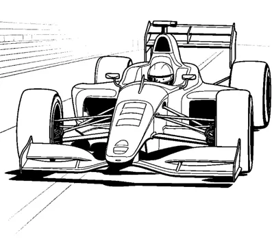 An open-wheel race car races forward with speed lines streaking behind it.