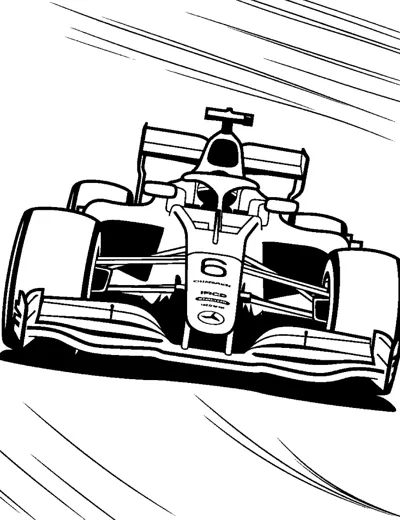A head-on view of an open-wheel race car with the number six and heavy speed lines around it.