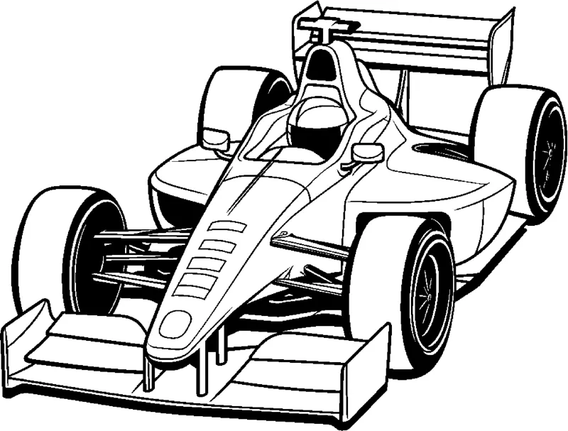A sleek open-wheel race car with a pointed nose and dark tires is drawn at a front angle.