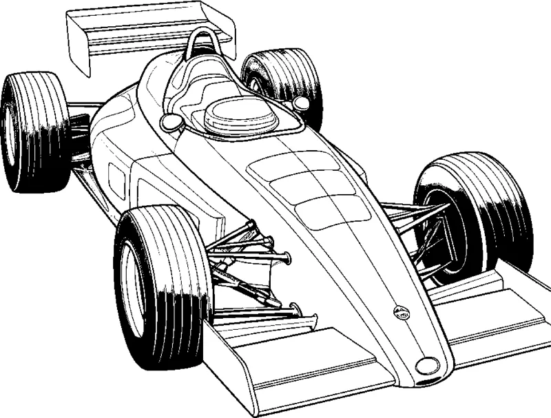 An open-wheel race car is drawn from a high angle looking down over its nose and front wing.