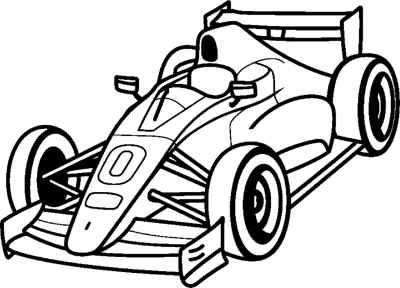 A simple open-wheel race car with large round tires and a driver is drawn at an angle.