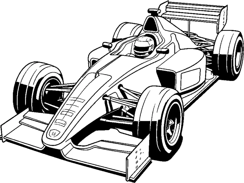 An open-wheel race car with shaded wheels and a driver is drawn at a three-quarter front angle.
