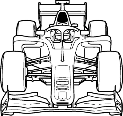 A straight-on front view of an open-wheel race car with wide front and rear wings.