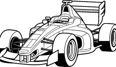 An open-wheel race car with a layered front wing and dark tires is drawn at a front angle.