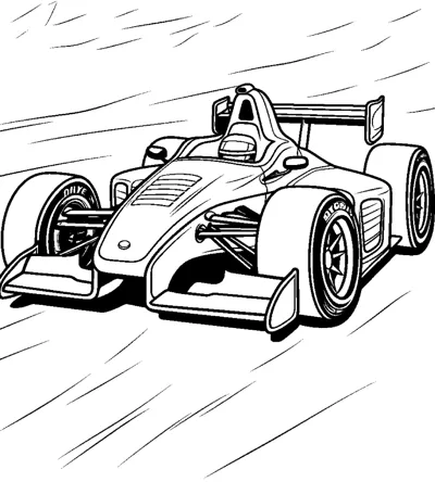 An open-wheel race car speeds along a track with streaked motion lines across the background.