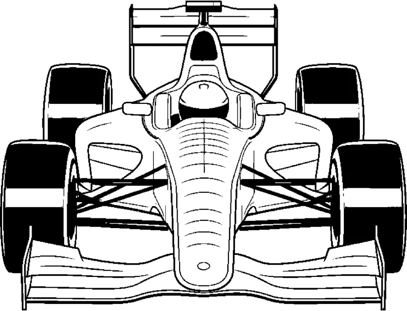A head-on view of an open-wheel race car with solid black tires and a wide front wing.