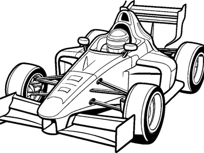 An open-wheel race car with a helmeted driver is drawn at a front angle with a layered front wing.