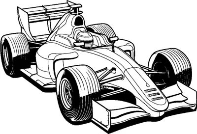 An open-wheel race car with ridged tires and a driver is drawn from a front angle.