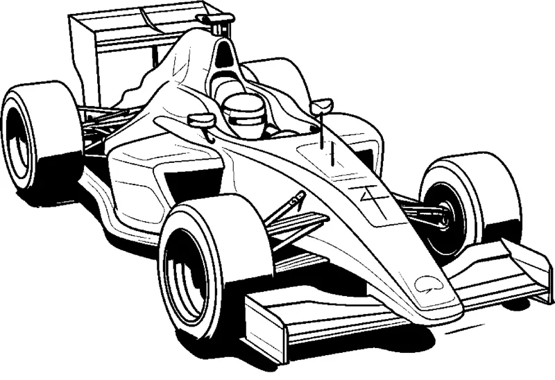 An open-wheel race car with a driver visible in the cockpit is drawn at a front angle.