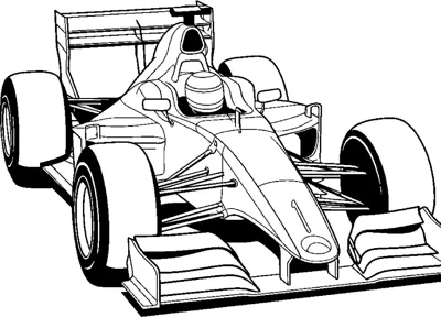 An open-wheel race car with a driver is drawn from the front left with a wide front wing.