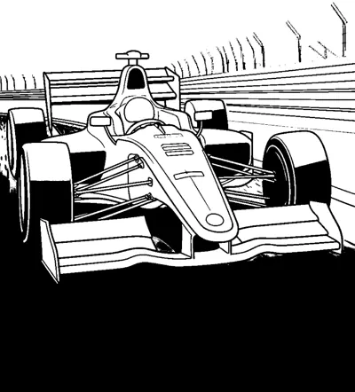 An open-wheel race car on a solid black track with grandstand fencing in the background.