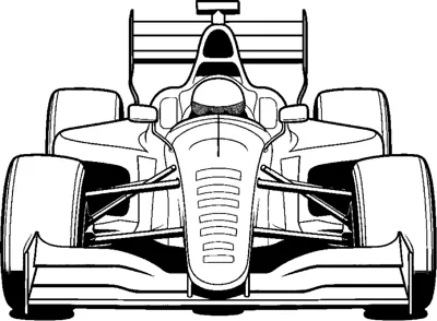 A symmetrical head-on view of an open-wheel race car with front and rear wings.